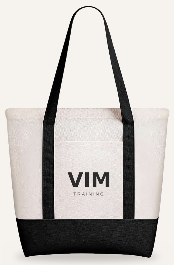 VIM canvas tote with black handles and the Training logo